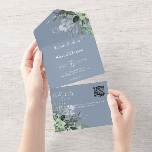 Invitation Tout En Un Botanique Dusty Blue QR Code Mariage (Déchirure)