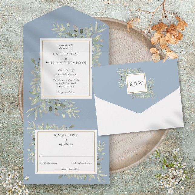 Invitation Tout En Un Botanique Mariage bleu Dusty Feuille (Botanical Greenery Leaves Dusty Blue Wedding All In One Invitation)