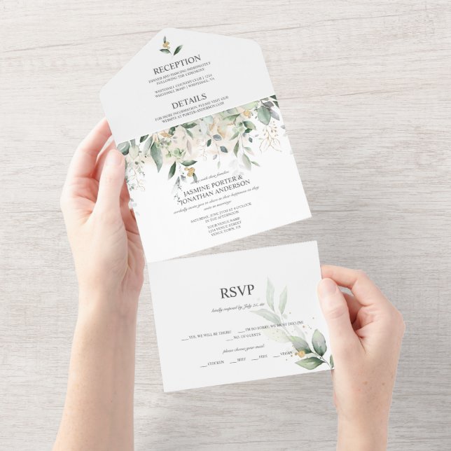 Invitation Tout En Un Botanique Vert et Or | (Déchirure)