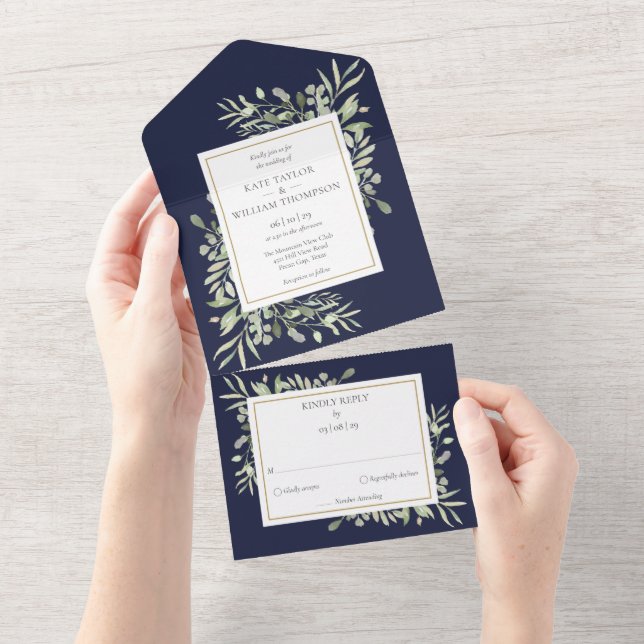 Invitation Tout En Un Botanique Vert Feuille Marine Mariage bleu (Déchirure)