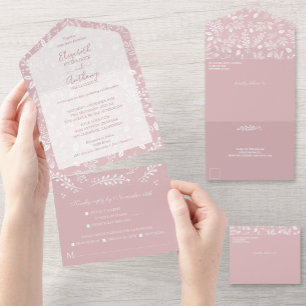 Invitation Tout En Un Botaniques blanches Dusty Rose Pas d'enveloppe