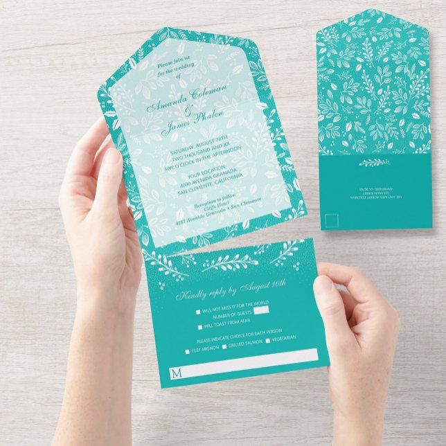 Invitation Tout En Un Botaniques blanches sur Turquoise (Créateur téléchargé)