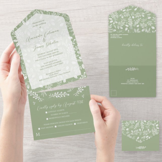 Invitation Tout En Un Botaniques blancs Sage Green No Envelopes Mariage (Créateur téléchargé)