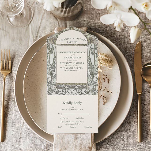 Invitation Tout En Un Bougainvillea Vert Art Nouveau Mucha Mariage (Créateur téléchargé)