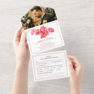 Invitation Tout En Un Bougainvilliers rouges watercolor mariage RSVP opt