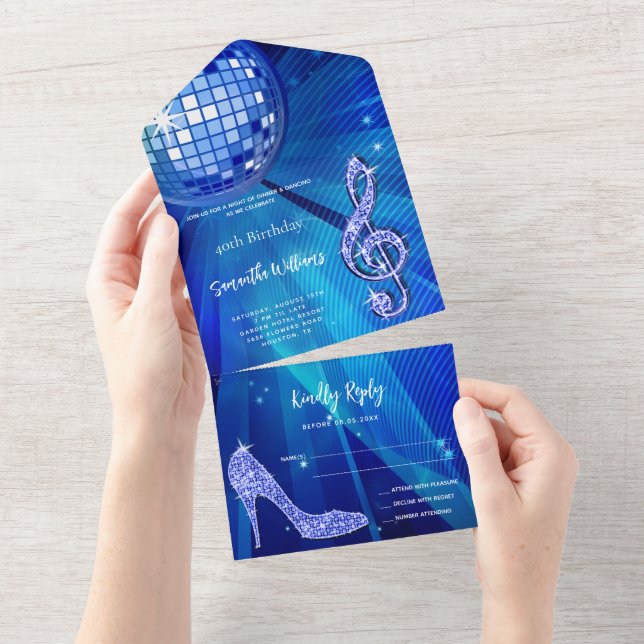 Invitation Tout En Un Boule Disco et talons Bleu Anniversaire (Déchirure)