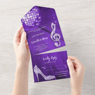 Invitation Tout En Un Boule Disco et talons violet Anniversaire