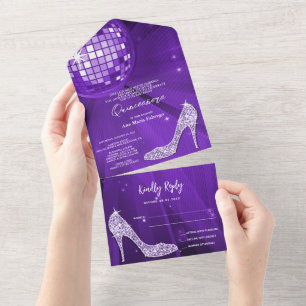 Invitation Tout En Un Boule Disco et talons violet Quinceañera