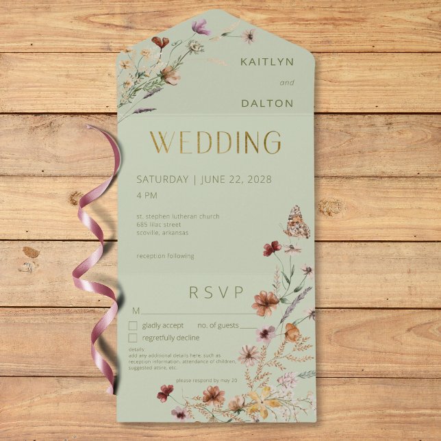 Invitation Tout En Un Bouquet de Fleur sauvage vert Sage moderne Détails (Modern Sage Green Wildflower Bouquet Details All In One Invitation)