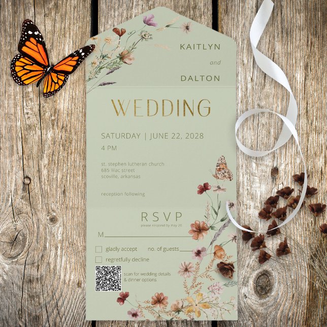 Invitation Tout En Un Bouquet de Fleur sauvage vert Sage moderne QR Code (Also available without a QR code; with or without dinner selection options.)