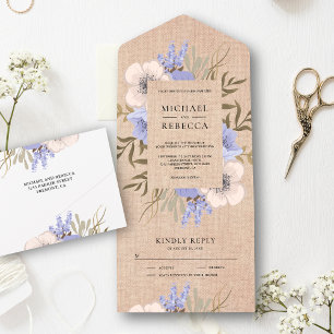 Invitation Tout En Un Bouquet de fleurs de lavande en toile de jute rust