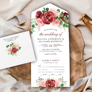Invitation Tout En Un Bouquet de fleurs rose poudré et rouge burgundy po