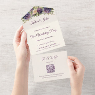 Invitation Tout En Un Bouquet de fleurs violettes d'aquarelle Mariage