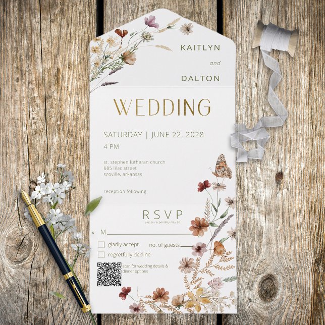 Invitation Tout En Un Bouquet Fleur sauvage blanc moderne QR Code (Créateur téléchargé)