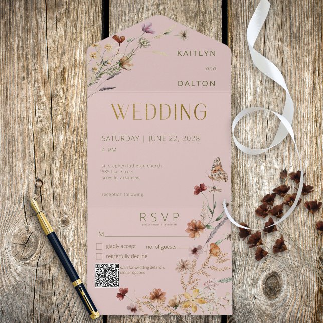 Invitation Tout En Un Bouquet Fleur sauvage rose moderne QR Code (Créateur téléchargé)