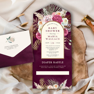 Invitation Tout En Un Bouquet Floral de Prune Bohème Rustique pour Baby