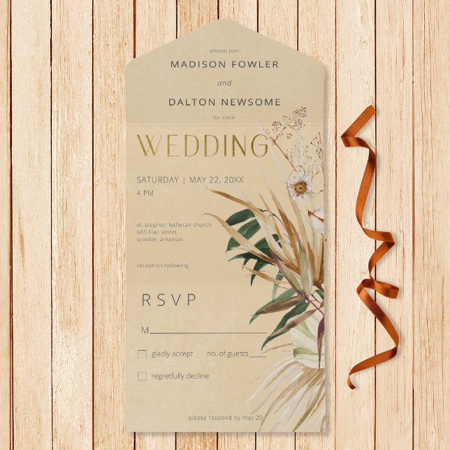 Invitation Tout En Un Bouquet Floral Séché Tan Boho Moderne Pas De Dîner (Also available with a QR code or with dinner selection options.)