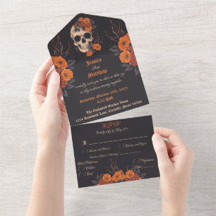 Invitation Tout En Un Bouquet orange enchanteur sur crâne en crème