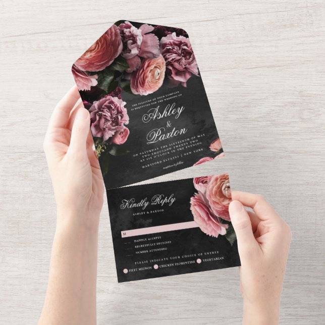 Invitation Tout En Un Bouquet rose romantique et Moody (Déchirure)