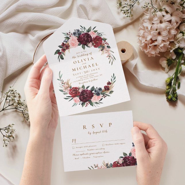 Invitation Tout En Un Bourgogne aquarelle fleurie boho rustique mariage  (Burgundy watercolor floral rustic boho wedding al all in one invitation)