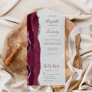 Invitation Tout En Un Bourgogne Argent Agate Mariage Gris