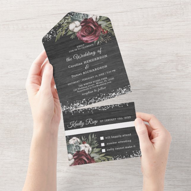 Invitation Tout En Un Bourgogne en Bois Élégant Mariage Tout En Un (Déchirure)