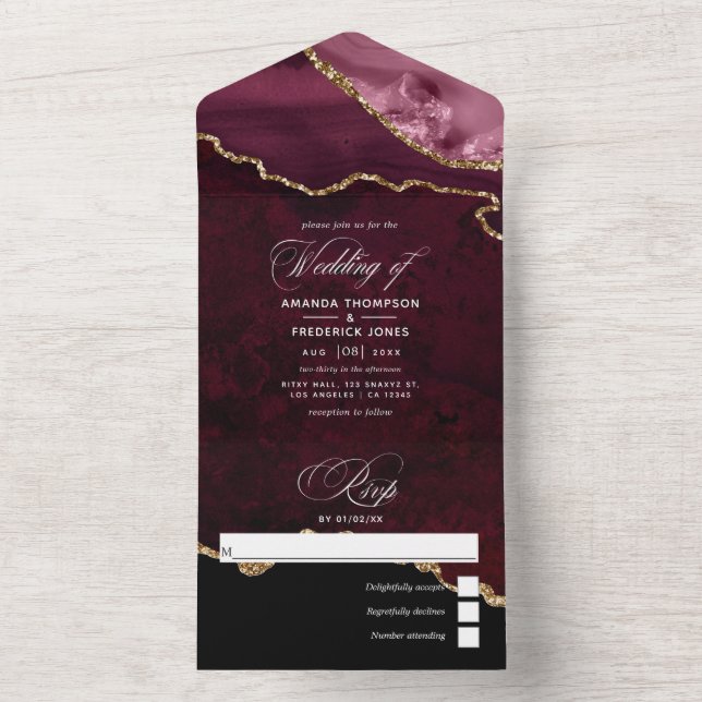 Invitation Tout En Un Bourgogne et Gold Agate Mariage All In One Invitat (À l'intérieur)