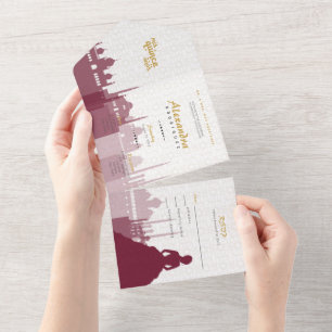 Invitation Tout En Un Bourgogne et or Arabe Quinceañera