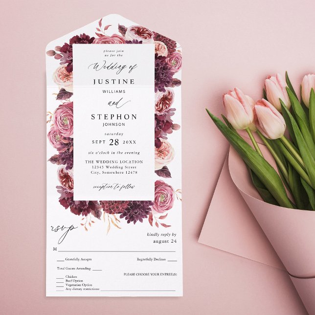 Invitation Tout En Un Bourgogne et rose pâle 8B Mariage 2 (Créateur téléchargé)