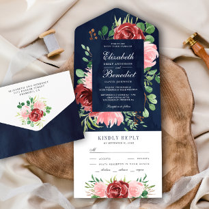 Invitation Tout En Un Bourgogne et Rose Pâle Floral Mariage Bleu Nuit