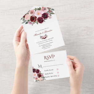 Invitation Tout En Un Bourgogne et rose vif Peony Mariage