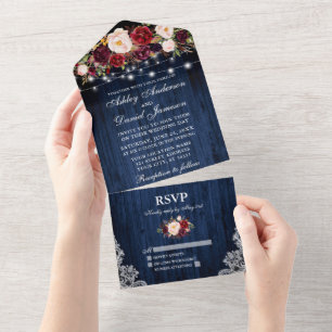 Invitation Tout En Un Bourgogne Floral Lumières dentelle Mariage en bois
