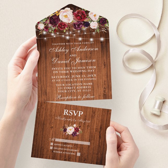 Invitation Tout En Un Bourgogne Floral Lumières Rustique Mariage bois (All In One Wedding Invitation with tear off RSVP Card)