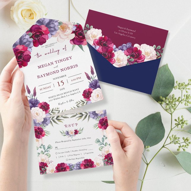 Invitation Tout En Un Bourgogne Marine Blush Rustique Chic Floral RSVP (Créateur téléchargé)