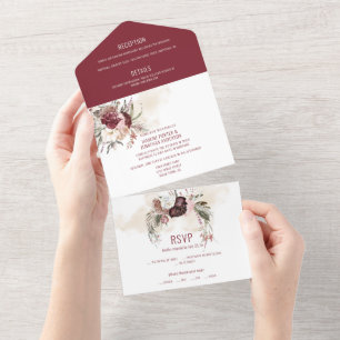 Invitation Tout En Un Bourgogne, Marsala, Mariage floral rose