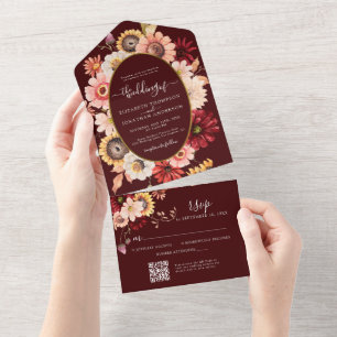 Invitation Tout En Un Bourgogne Moody Fall Floral Gold QR RSVP Mariage