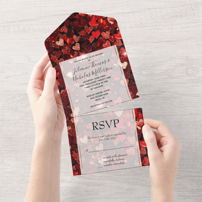 Invitation Tout En Un Bourgogne Red Parties scintillant Hearts Mariage (Déchirure)