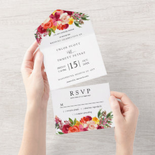 Invitation Tout En Un Bourgogne rose orange jaune floral