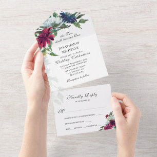 Invitation Tout En Un Bourgogne Rouge Blanc Bleu Floral Mariage chrétien