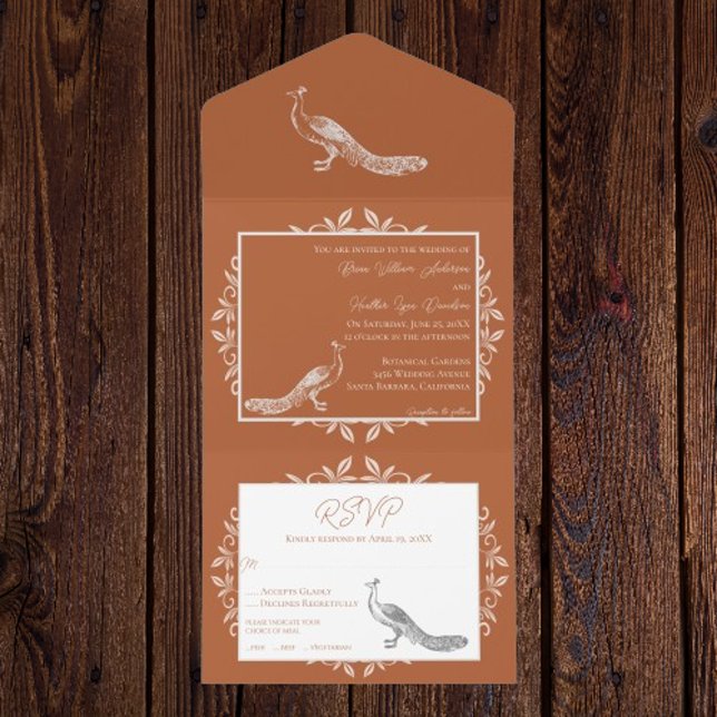 Invitation Tout En Un Bourré Orange (Burnt Orange Peacock Flourish All in One Invitation)