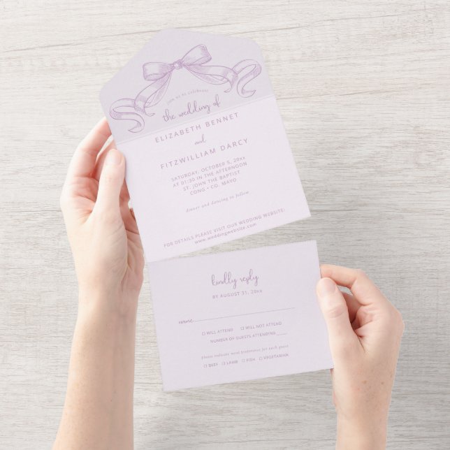 Invitation Tout En Un Bow à croquis romantique | Lilac Mariage De (Déchirure)