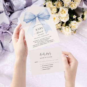 Invitation Tout En Un Bow bleu beige crème garçon Baby shower rsvp