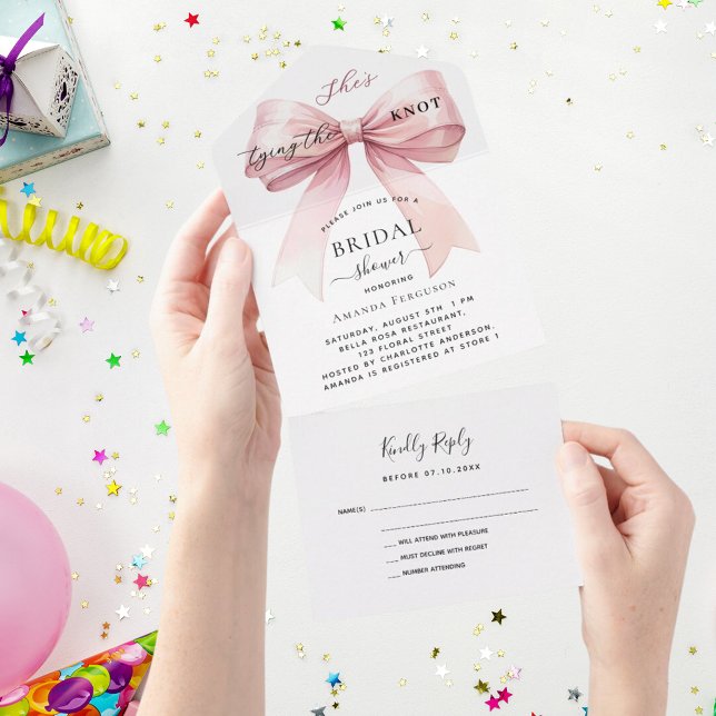 Invitation Tout En Un Bow elle noue la Fête des mariées rose noeud rsvp (Créateur téléchargé)
