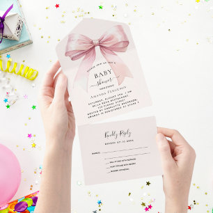 Invitation Tout En Un Bow rose beige crème fille Baby shower rsvp