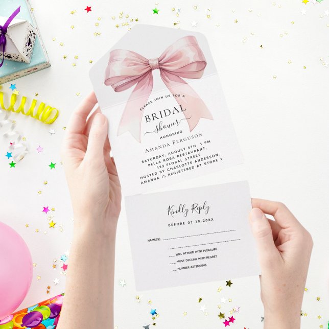 Invitation Tout En Un Bow rose blanc Fête des mariées rsvp (Créateur téléchargé)