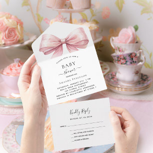 Invitation Tout En Un Bow rose fille Baby shower rsvp