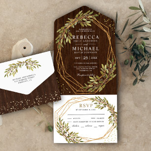 Invitation Tout En Un Branche d'olivier rustique cadre doré mariage en b