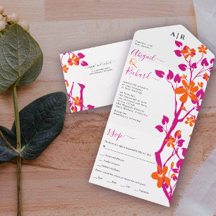 Invitation Tout En Un Branche magenta et oranges initiales mariage