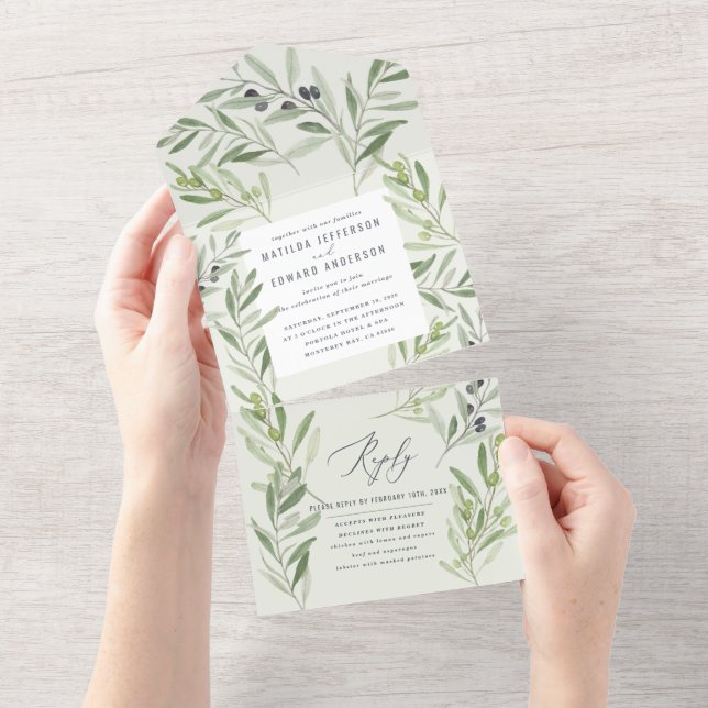 Invitation Tout En Un Branches d'olivier à l'aquarelle moderne feuillage (Déchirure)