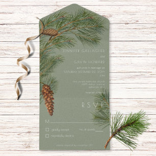 Invitation Tout En Un Branches vintages de pin rustique Vert Pas de dîne